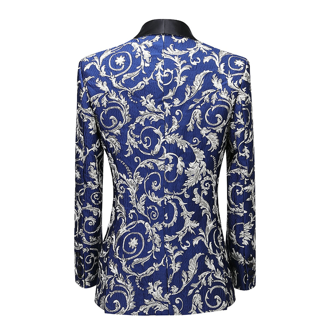Blue 2 Pieces Mens Suit Patterned Shawl Lapel (Blazer+Pants)