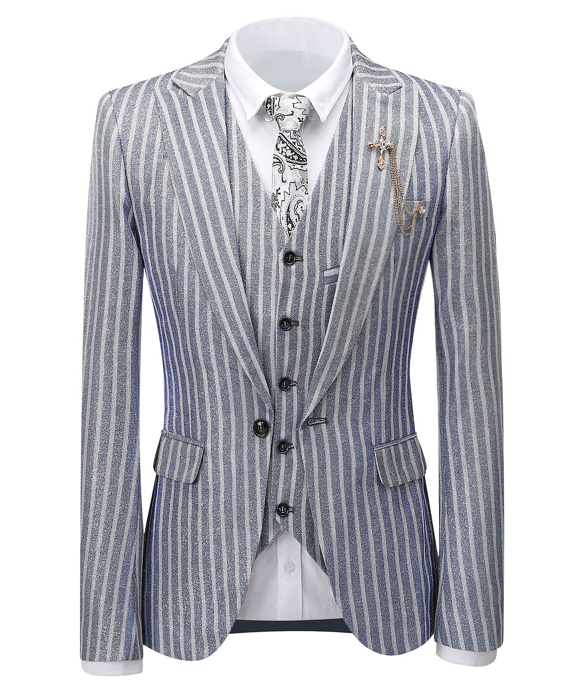 Formal Grey Striped 3 Pieces Men's Suit