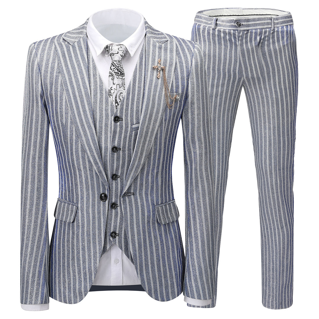 Formal Grey Striped 3 Pieces Men's Suit