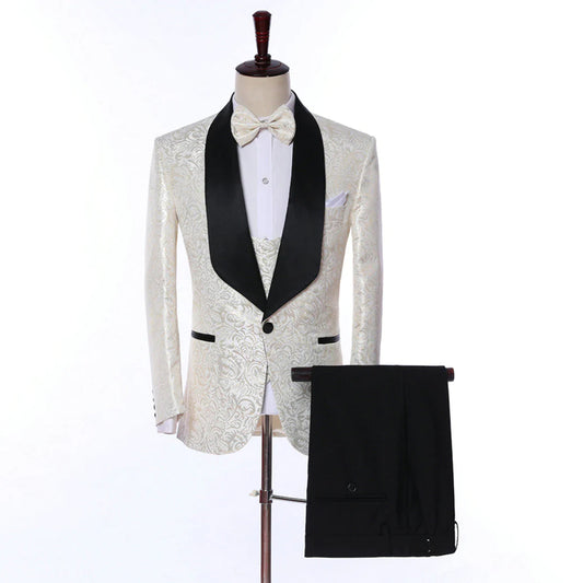 3 Pieces Men's Ivory Patterned Shawl Lapel Tuxedos