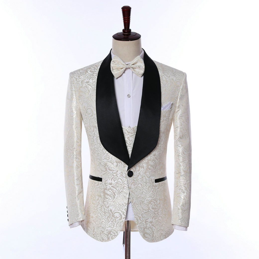 3 Pieces Men's Ivory Patterned Shawl Lapel Tuxedos