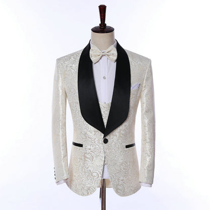 3 Pieces Men's Ivory Patterned Shawl Lapel Tuxedos