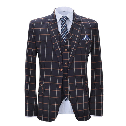 3 Pieces Men's Navy Notch Lapel Plaid Suit