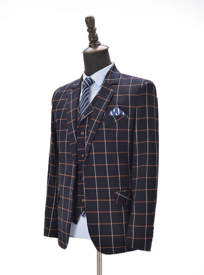 3 Pieces Men's Navy Notch Lapel Plaid Suit