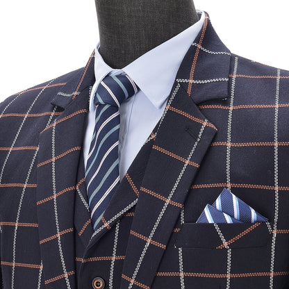 3 Pieces Men's Navy Notch Lapel Plaid Suit