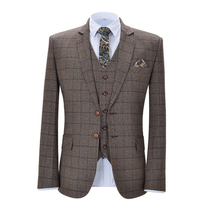 Notch Lapel Plaid 3 Pieces Men's Coffee Suit