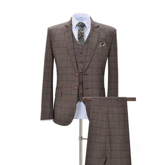 Notch Lapel Plaid 3 Pieces Men's Coffee Suit