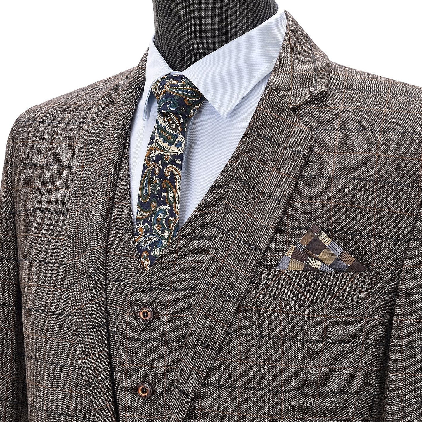 Notch Lapel Plaid 3 Pieces Men's Coffee Suit