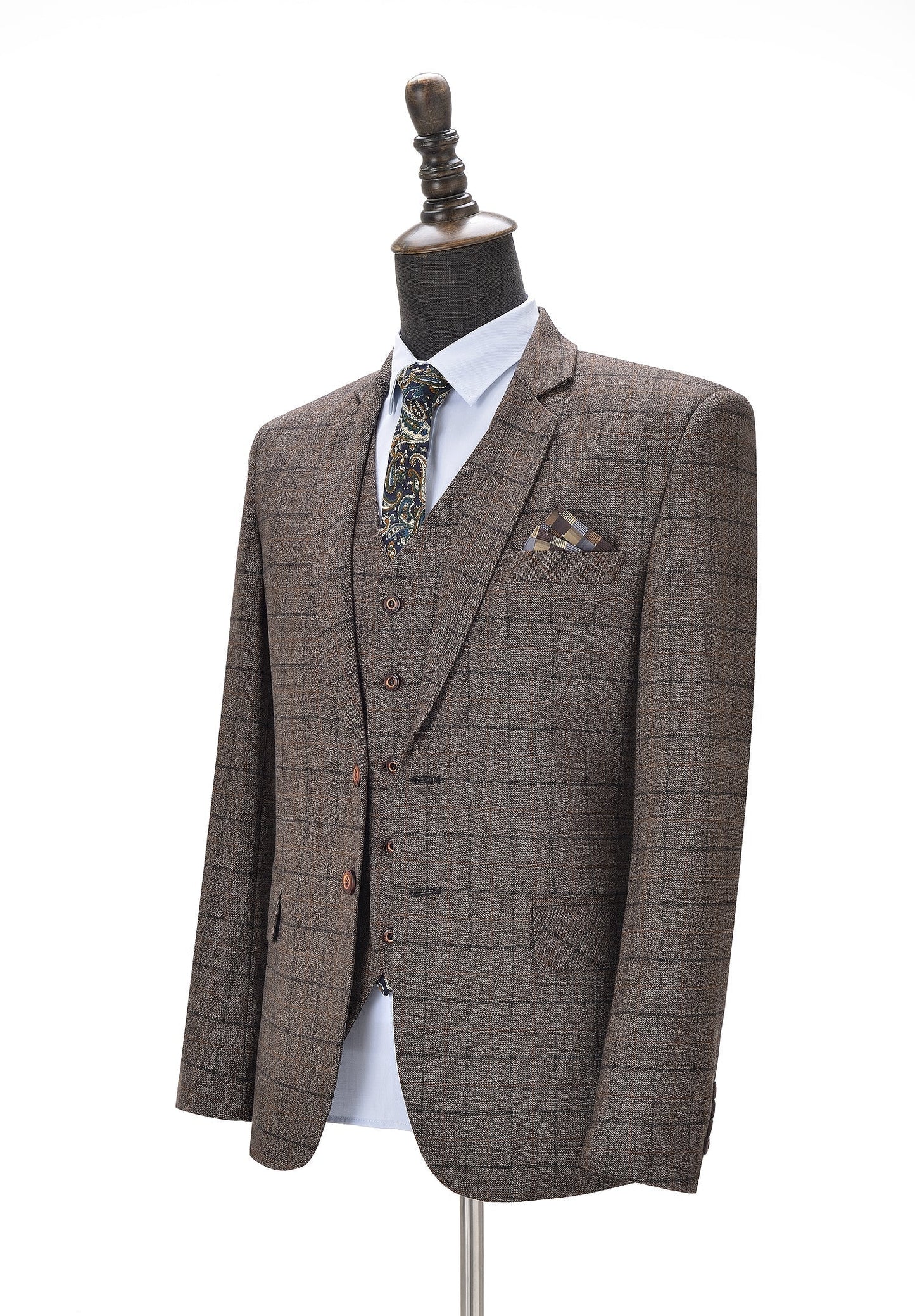 Notch Lapel Plaid 3 Pieces Men's Coffee Suit