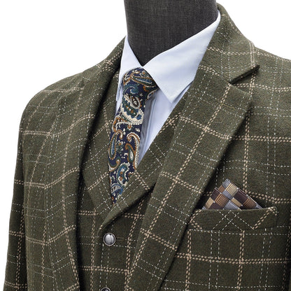 3 Pieces Men's Notch Lapel Army Green Plaid Suit