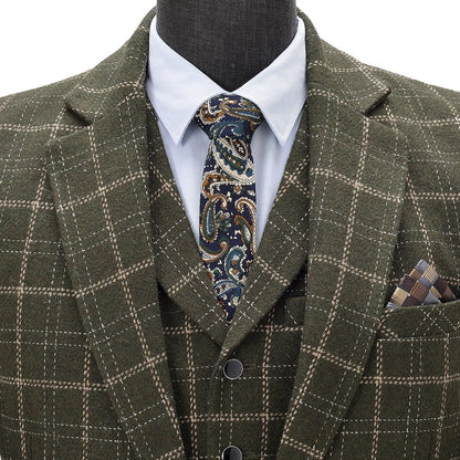 3 Pieces Men's Notch Lapel Army Green Plaid Suit