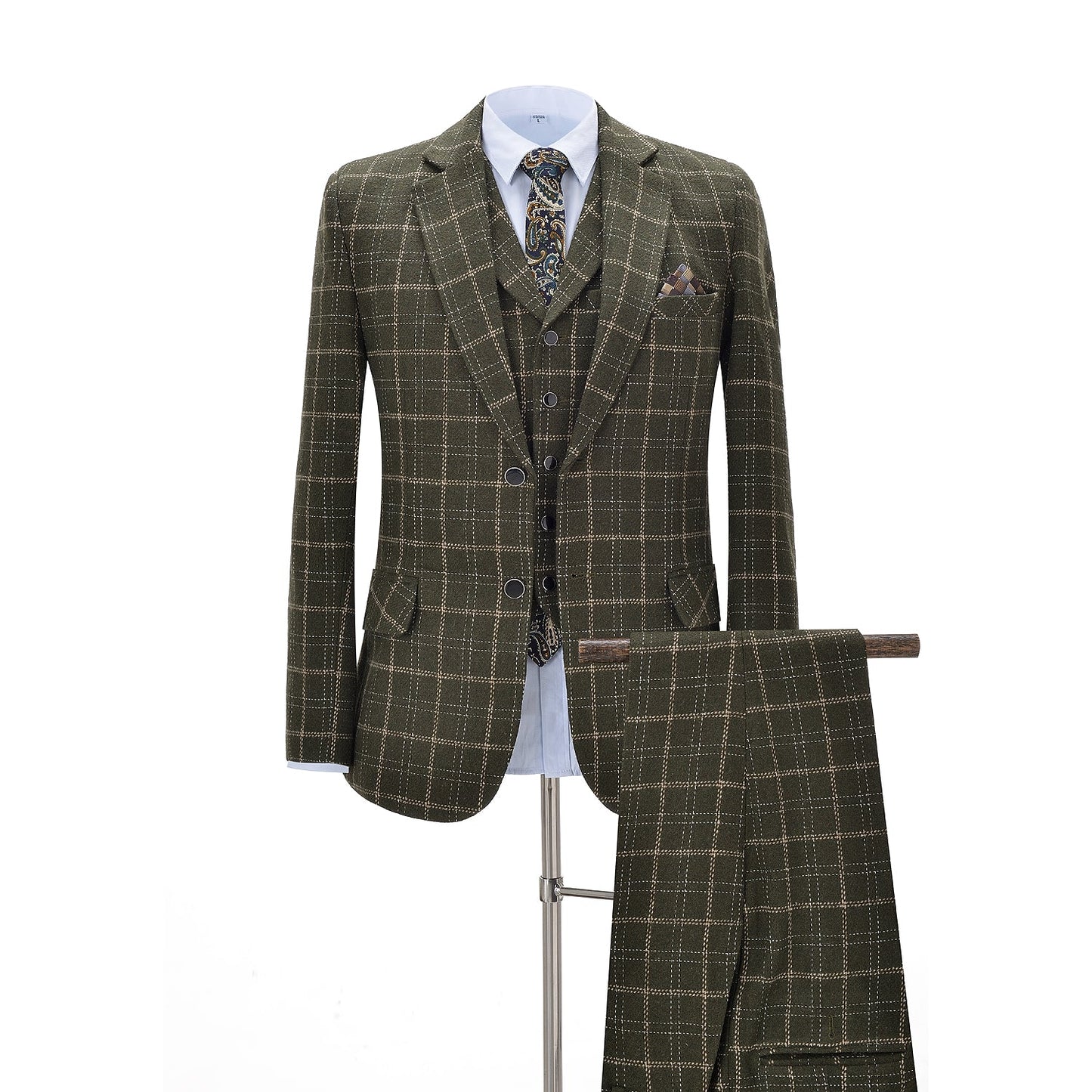 3 Pieces Men's Notch Lapel Army Green Plaid Suit