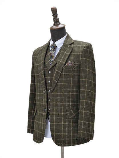 3 Pieces Men's Notch Lapel Army Green Plaid Suit