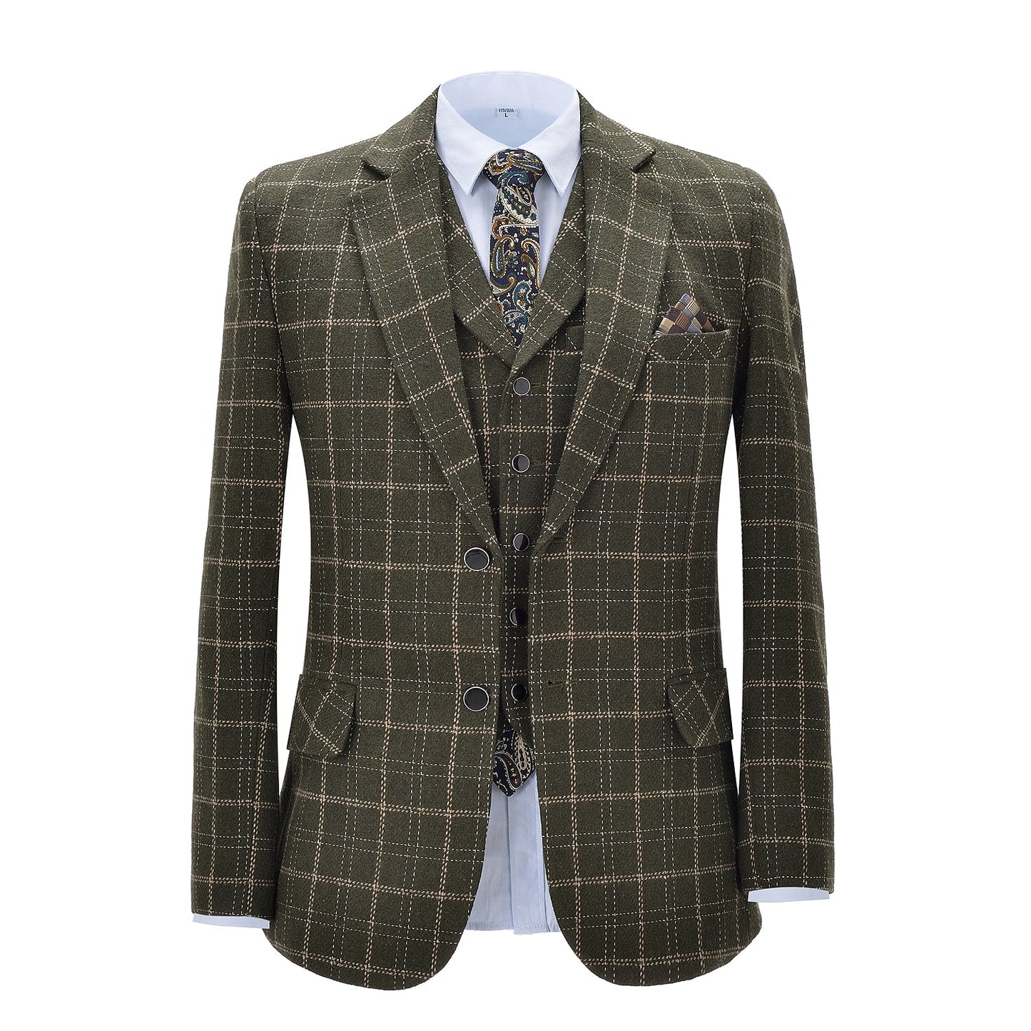 3 Pieces Men's Notch Lapel Army Green Plaid Suit