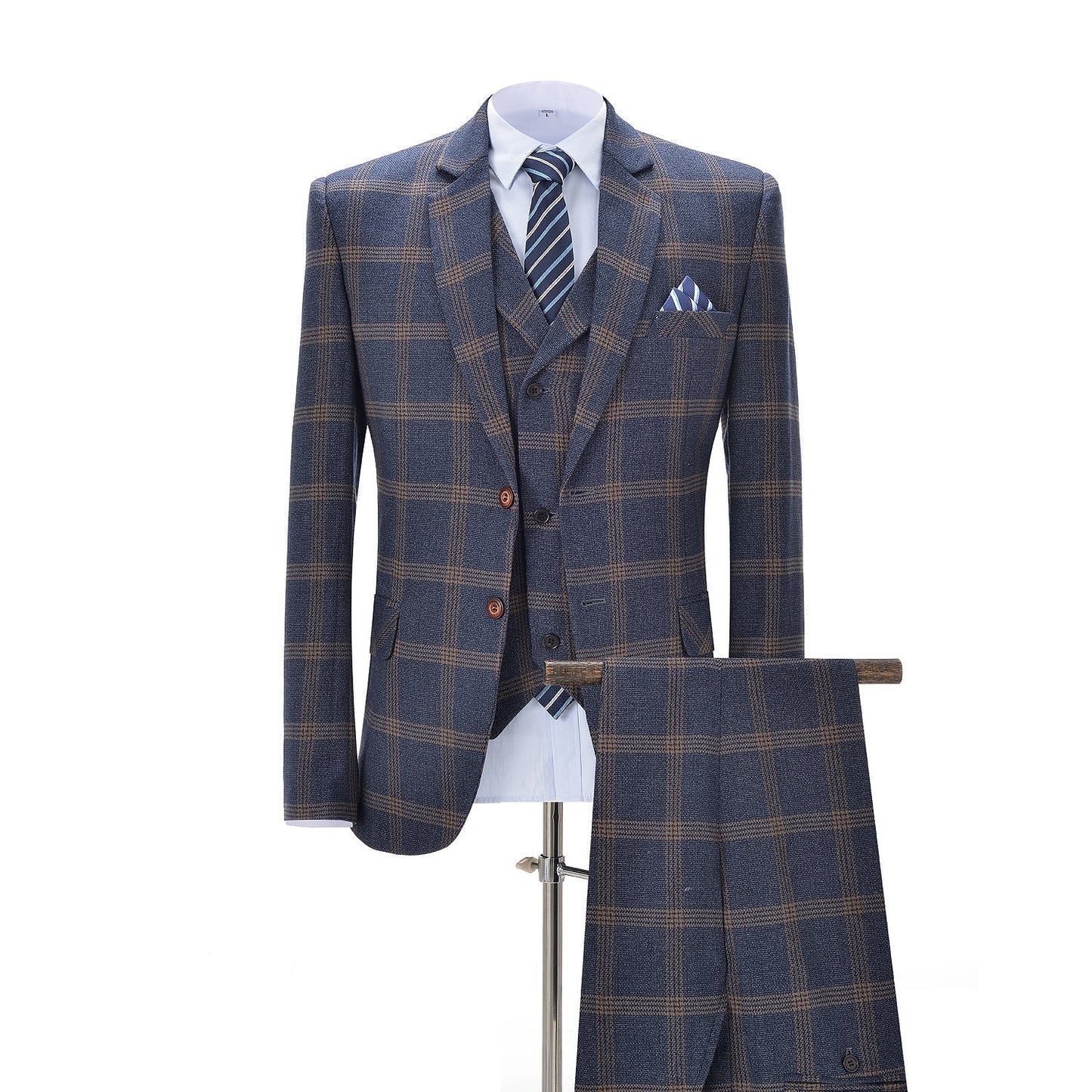 3 Pieces Men's Plaid Notch Lapel Suit