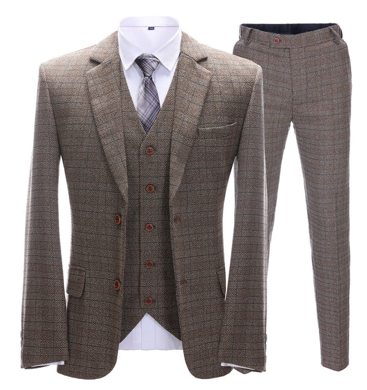 Men's 3 Pieces Classic Brown Herringbone Plaid Suit