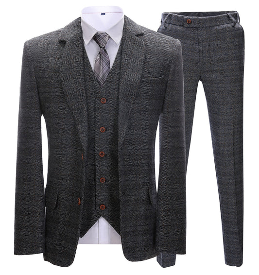 Men's 3 Pieces Classic Light Black Tweed Plaid Suit