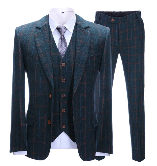 Men's 3 Pieces Classic Cyan And Orange Plaid Suit