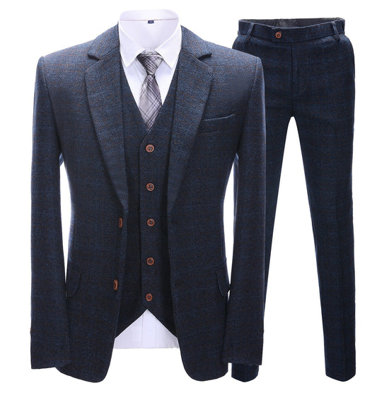 Men's 3 Pieces Classic Dark Navy Plaid Suit