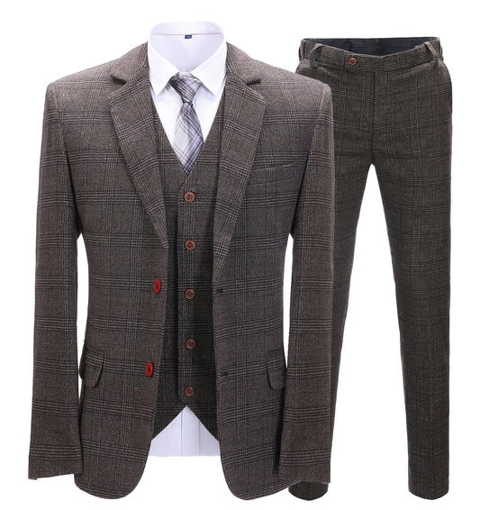 Men's 3 Pieces Classic Coffee Herringbone Plaid Suit