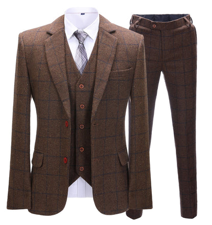 Men's 3 Pieces Classic Coffee Tweed Plaid Suit