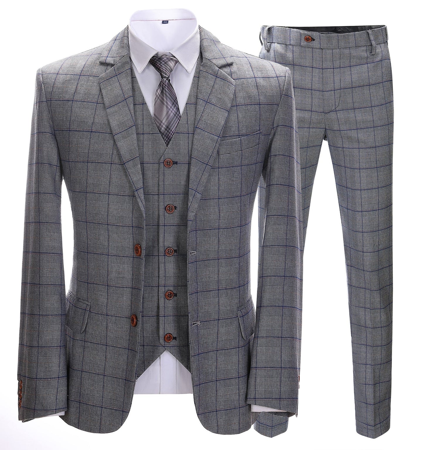 Men's 3 Pieces Classic Tweed Grey Plaid Suit