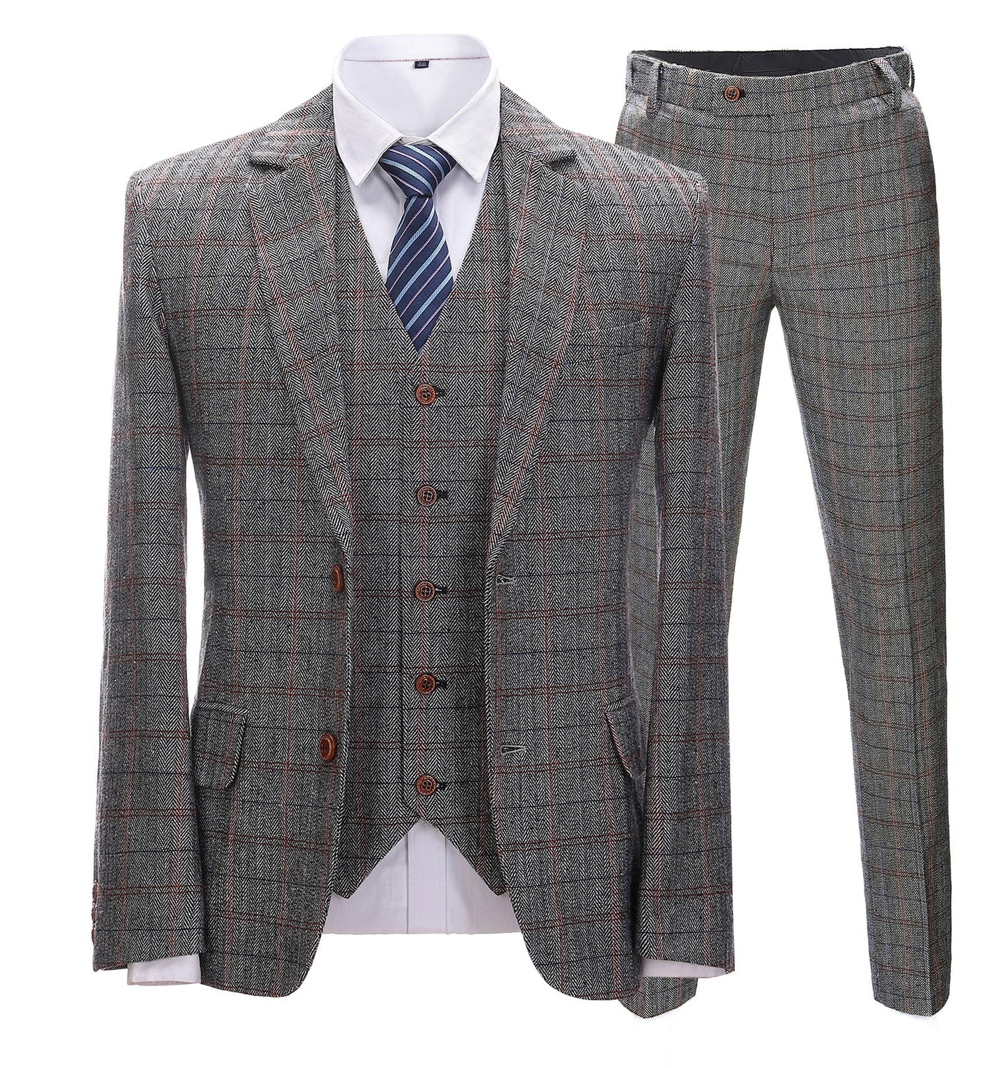 Men's 3 Pieces Classic Gray-Brown Plaid Suit