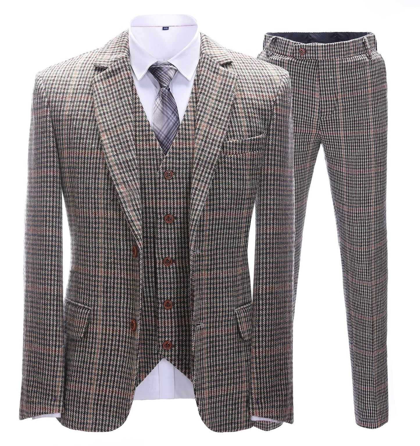 Men's 3 Pieces Classic Khaki Plaid Suit