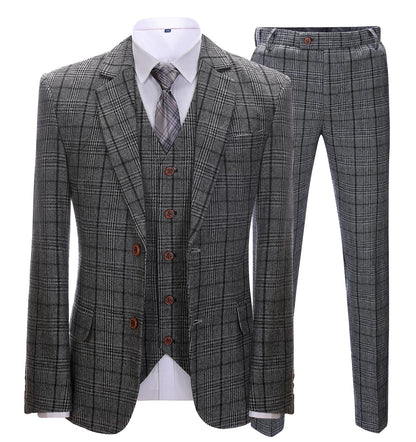 Men's 3 Pieces Classic Dark Grey Tweed Plaid Suit