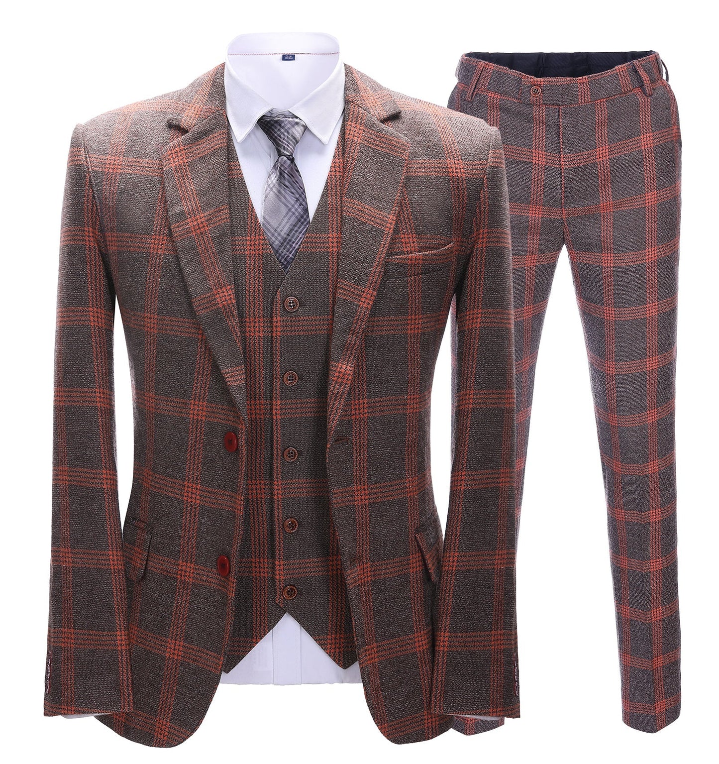 Men's 3 Pieces Classic Brick Red Coarse Plaid Suit
