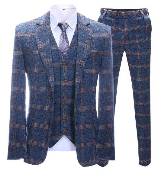 Men's 3 Pieces Classic Royal Blue And Orange Plaid Suit