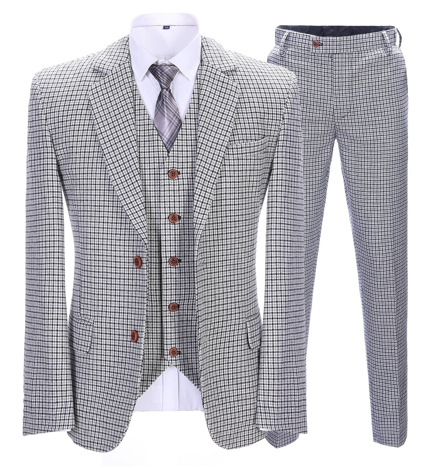 Men's 3 Pieces Classic White And Black Plaid Suit