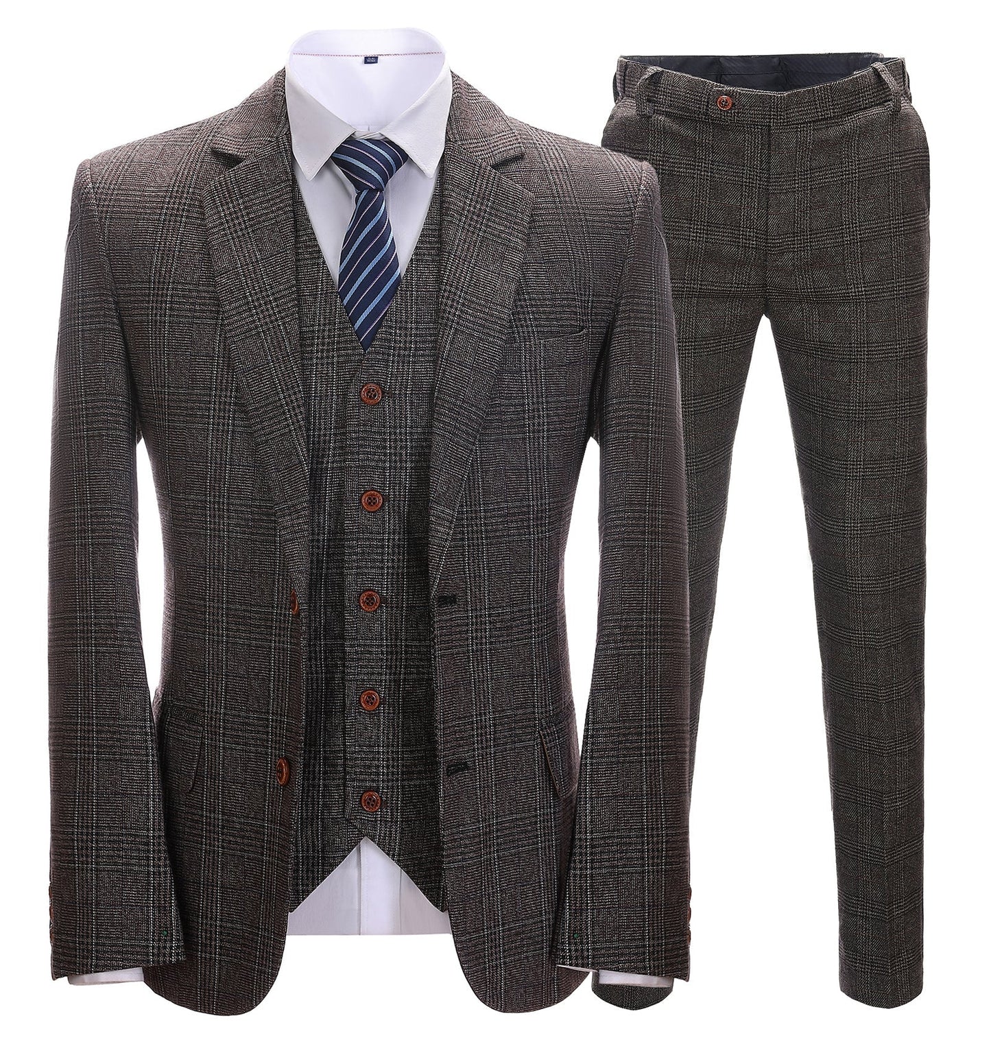 Men's 3 Pieces Classic Dark Coffee Herringbone Plaid Suit