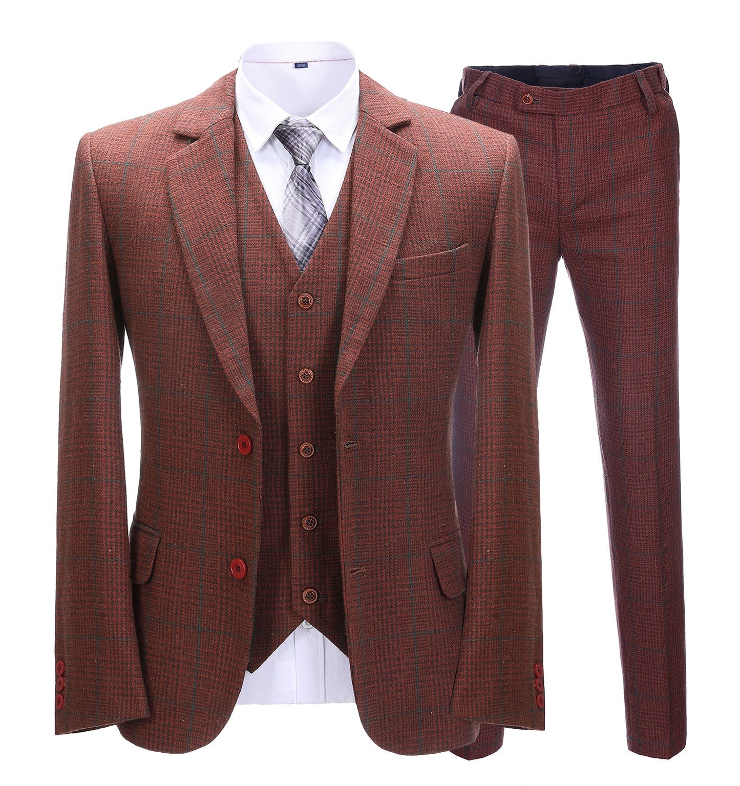 Men's 3 Pieces Classic Brick Red Plaid Suit