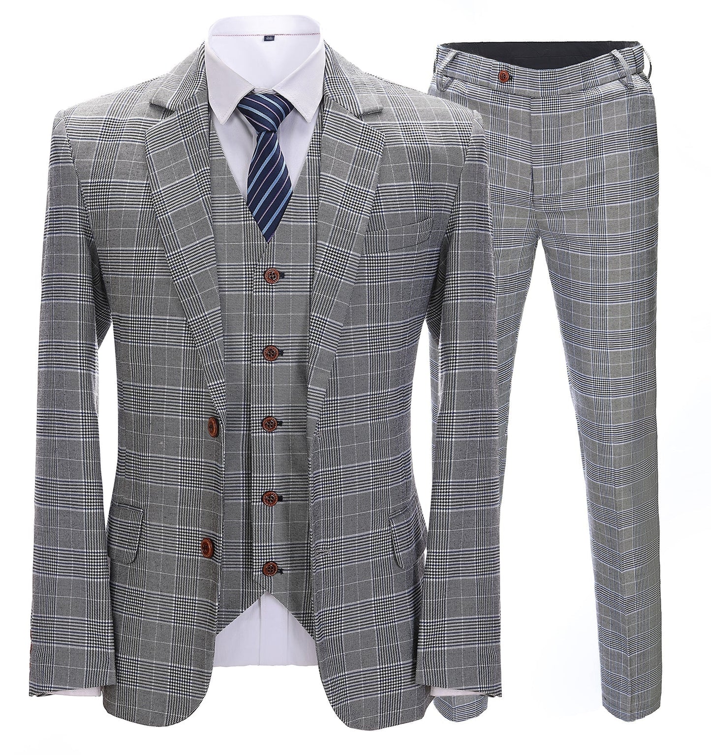 Men's 3 Pieces Classic Light Grey Herringbone Plaid Suit