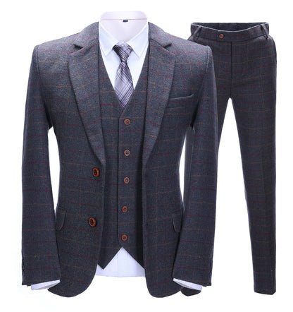 Men's 3 Pieces Classic Dark Grey Blue Tweed Plaid Suit