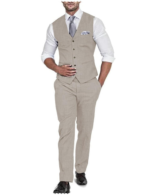 2 Pieces Men's Flat Linen V Neck Wedding Suit