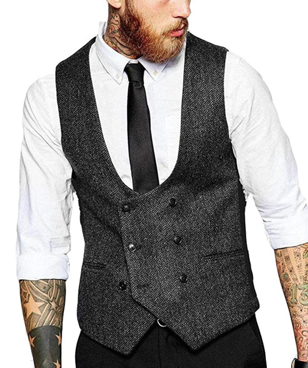 Men's Casual Double Breasted Herringbone Waistcoat