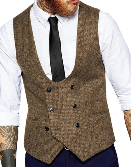 Men's Casual Double Breasted Herringbone Waistcoat