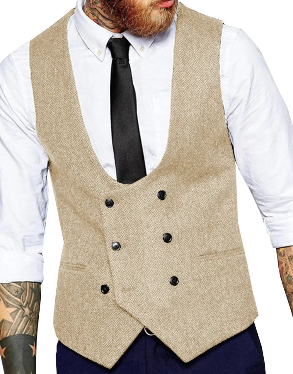 Men's Casual Double Breasted Herringbone Waistcoat