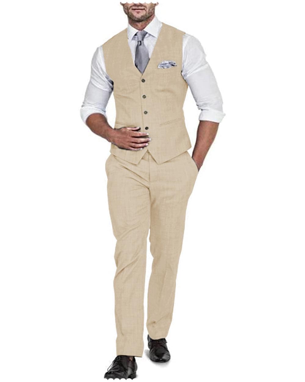 2 Pieces Men's Flat Linen V Neck Wedding Suit