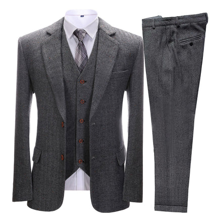 Men's 3 Pieces Classic Solid Dark Grey Herringbone Suit