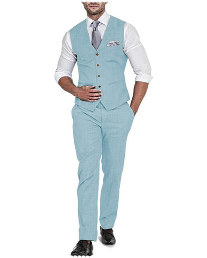 2 Pieces Men's Flat Linen V Neck Wedding Suit