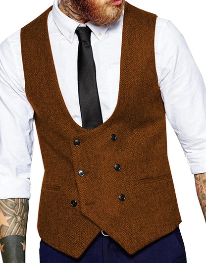 Men's Casual Double Breasted Herringbone Waistcoat