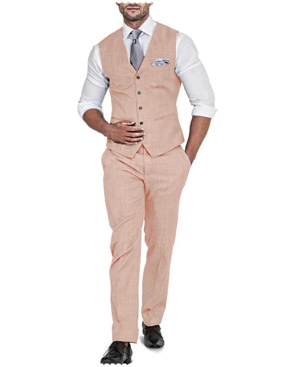 2 Pieces Men's  Flat Linen V Neck Wedding Suit