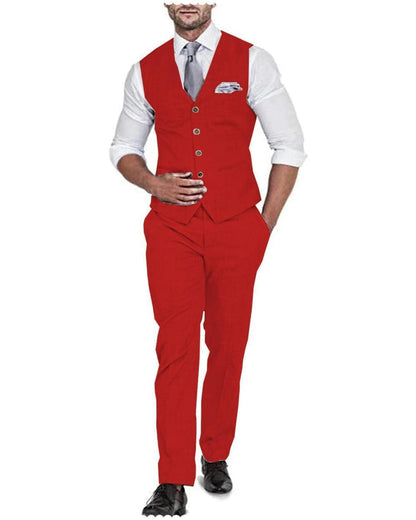 2 Pieces Men's  Flat Linen V Neck Wedding Suit