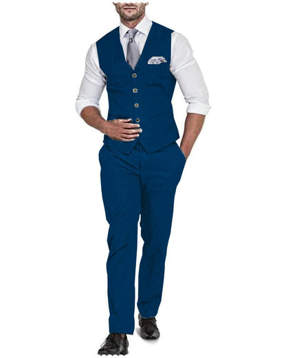 2 Pieces Men's  Flat Linen V Neck Wedding Suit