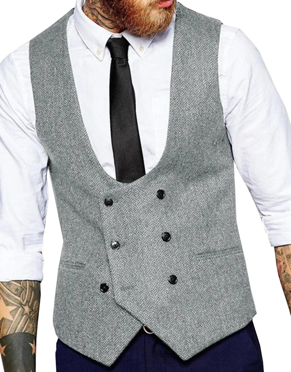 Men's Casual Double Breasted Herringbone Waistcoat