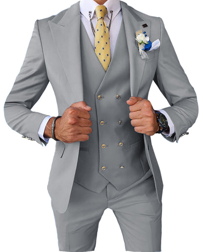 Formal Men's 3 Pieces Slim Fit Solid Color Peak Lapel Tuxedos For Wedding (Blazer+vest+Pants)