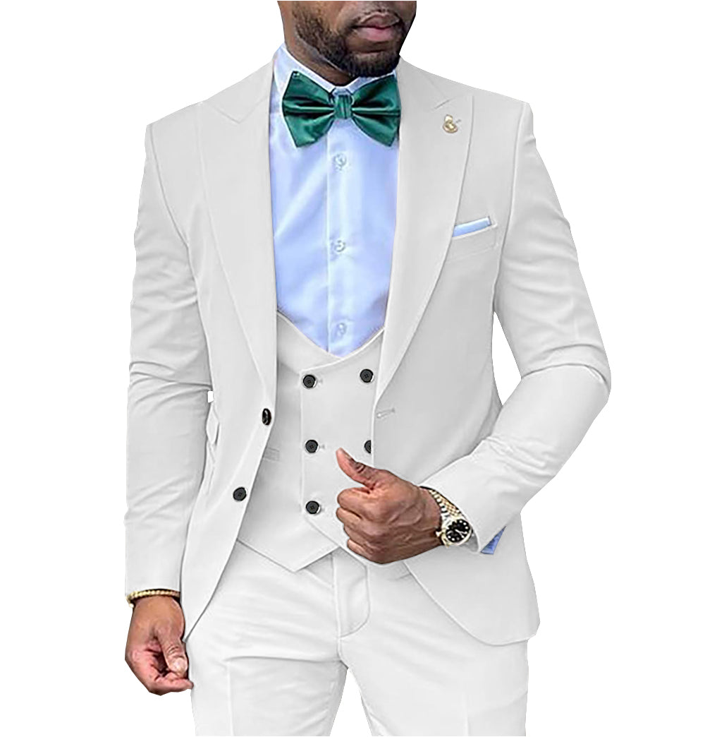 Casual Men's 3 Piece Men's Suit Solid Color Flat Peak Lapel Tuxedo